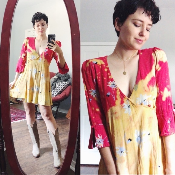 Free People Dresses & Skirts - Free People • Time On My Side dress mini floral wrap red yellow crepe tie dye
